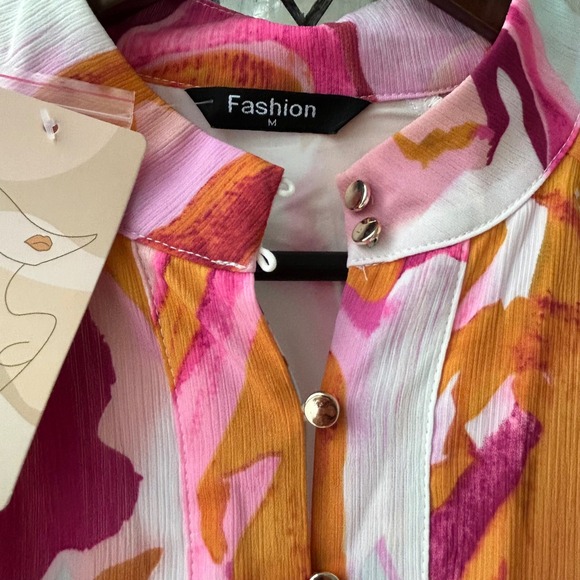 Fashion Pink Orange Abstract Print Button Down Ruffle Hem Mini Shirt Dress M NEW - Picture 2 of 12